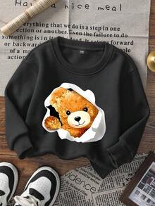 3 件男婴休闲印花圆领套头连帽衫，秋冬 - 可爱的熊和滑板印花连帽衫为每个孩子带来欢乐和幸福！