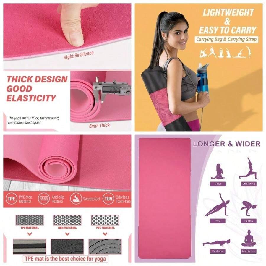 Tapete para Yoga/Pilates y Deportes, Esterilla Yoga Antideslizante con Bolsa y Correa para Llevar al Hombro, Esterilla de Gimnasia Acolchada para Ejercicio Fitness 183x 61x 0.6cm - Rosa - Ver 1