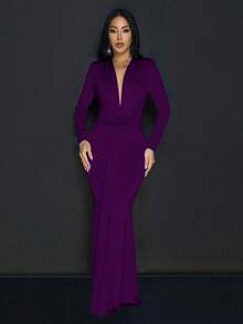 Women's Solid Color Deep V-Neck Twist Design Long Sleeve Cocktail Dress Wedding Spring Party - Purple - View 1