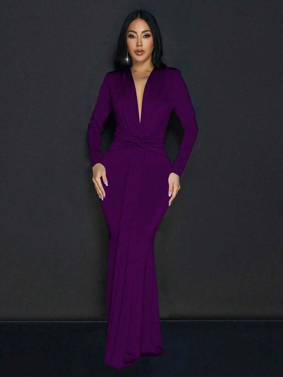 Women's Solid Color Deep V-Neck Twist Design Long Sleeve Cocktail Dress Wedding Spring Party - Purple - View 1