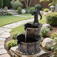 Outdoor Water Fountains, 27" Tall 2-Tier Barrel And Pump Waterfall Fountain And Pump For Outdoor Patio Garden Backyard Decking, 11 L Water - 銅色 - 查看 2