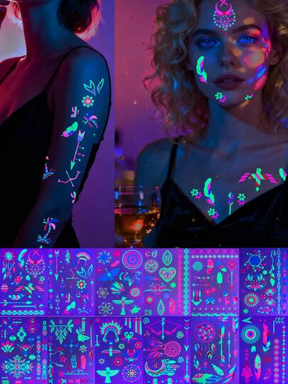 12 hojas de tatuajes temporales neón Y2K glamorosos, pegatinas de arte corporal luminosas, pegatinas de tatuajes ultravioletas, muy adecuadas para fiestas nocturnas, con varios diseños para festivales de música y producción corporal de fiestas