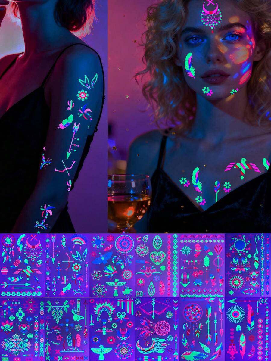 12张Y2K炫彩霓虹临时纹身贴纸，夜光人体彩绘贴纸，紫外线纹身贴纸，非常适合夜间派对，多种图案可用于音乐节和派对人体彩绘。