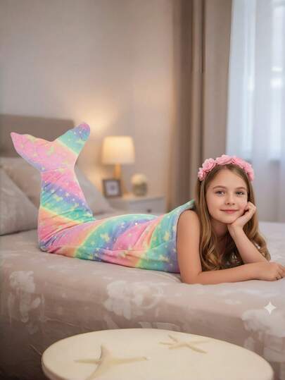 美人鱼尾巴毛毯，毛绒夜光毛毯，适合幼儿穿着，彩色独角兽图案，50厘米 x 100厘米，送给女孩的最佳礼物，适合圣诞节礼物