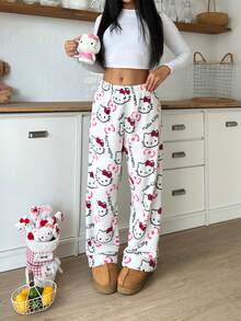 SANRIO Bộ 2 quần pajama vải flannel, in hình hoạt hình toàn thân, ống rộng, cạp chun co giãn, ấm áp, kiểu dáng dễ thương cho bé gái, phù hợp mặc trong nhà và ngoài trời, mùa thu/đông. - Nhiều màu - Xem 5