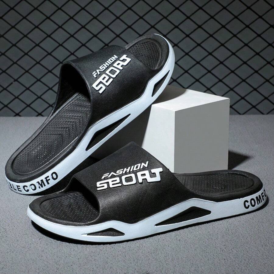 Fashion Men's Sports Slippers - Athletic Sandals With Non-Slip Soles -  Men's Letter Design Slippers - Ideal Choice For Spring/Summer Beaches - 黑色 - 查看 1