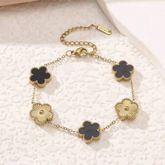 1 件女士不锈钢四叶草设计手链，18K 镀金复古奢华简约手链，百搭配饰礼物