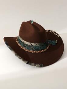 1pc Women's Fashion Solid Color Brimmed Hat, Vintage Wide Belt & Scarf Decor, Minimalist Feather Accent, Hand-Embroidered Tie Decor, Wide Brim Flattering Fit Unisex Versatile Style