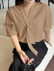 Women's Solid Color Bow Tie Design Short Sleeve Casual Office Shirt - Khaki - View 3