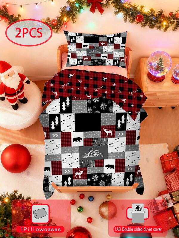 2-teiliges Bettwäscheset mit Weihnachtsmotiv und Gittermuster in Rot und Schwarz (Kollektion Vier Jahreszeiten). Doppelseitiges Bettbezug-Set (1 einseitig bedruckter Kissenbezug + 1 doppelseitig bedruckter Bettbezug, ohne Füllung). Für Babys und Kinder. Maschinenwaschbar. Geeignet für Neugeborenenbetten und Kinderbetten. Als Weihnachtsgeschenk. Der Kissenbezug ist einseitig Muster und misst 33 x 45 cm.