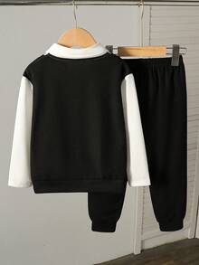 2 件套男童 Polo 衫和字母华夫格刺绣长袖上衣和裤子套装，春秋 - 黑色 - 查看 2