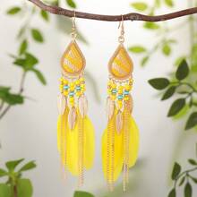Long Bohemian Style Feather Shaped Women's Earrings, With Multiple Colors Paired With Tassel  Women's Earrings, Fashionable Daily Wear Jewelry Accessories, Suitable For Retro Accessories For Parties And Holidays, And Gifts For Anniversari - 1對 - 查看 13