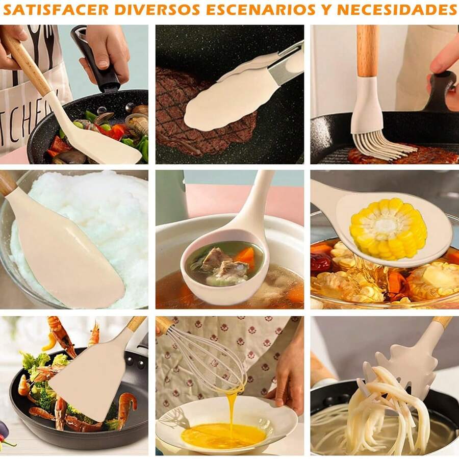 NICLY 28Pcs Utensilios de Cocina de Silicona, Juego de Herramientas de Cocina con Batidor Espátula, Antiadherentes, Resistentes al Calor, sin BPA, Herramientas y Paletas para Cocina (Caqui) - Caqui - Ver 1