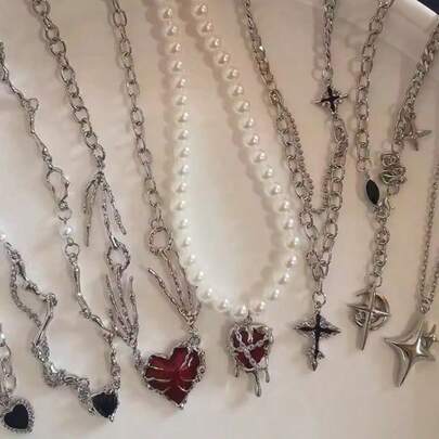 Gothic Vintage Y2K Red Glass Heart Star Cross Pendant Pearl Bead Necklace For Women Men Aesthetic 90s Grunge Accessories Jewelry