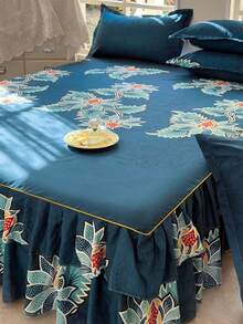 Bộ 3 váy giường (1 váy giường + 2 vỏ gối), họa tiết hoa, mềm mại và thân thiện với da, thích hợp cho phòng ngủ, mọi mùa - Màu xanh lam - Xem 3