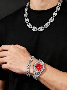 Luxury Alloy Men's Quartz Watch With Rhinestone & Crystal Inlaid, Date Display, Paired With Hip Hop Cuban Link Necklace And Bracelet Set - Necklace Set - View 17