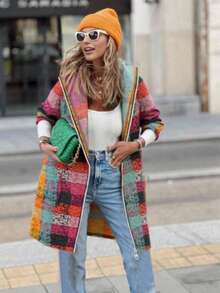 Chaqueta con capucha con cremallera, estampado a cuadros, manga larga, bolsillo, corte asimétrico, estilo de moda casual de calle para mujer en otoño/invierno - Multicolor - Ver 10