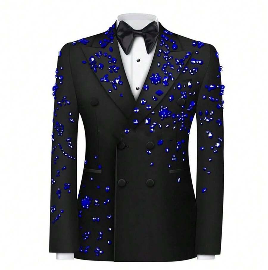 Traje De Hombre Elegante Beaded Luxury Men's Stage Performance Suit Heavy-Duty Craftsmanship For Niche Concerts Slim-Fit Suit Set - 黑色藍鑽外套+西裝褲 - 查看 1