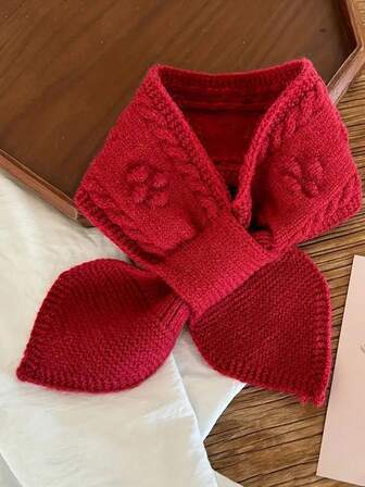 女士冬季围巾，带 3D 花朵和叶子胸针状领子 - 柔软温暖的电缆状纹理，红色/海军蓝/黑色可选，适合日常和特殊场合的圣诞节/生日礼物配饰（秋季/冬季）