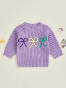 Toddler Baby Girl Boy Mard Gras Outfit Bow Embroidered Knit Crew Neck Sweater Long Sleeve Pullover Tops Fall Clothes,Cute Kids Mard Gras Sweater 6Months - 7 Years. - 紫色 - 查看 3