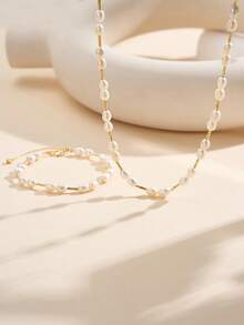 AETOLIA Handmade Elegant Pearl Jewelry Set | 5-6mm Natural Freshwater Pearl Necklace & Bracelet | S925 Silver Plated Platinum/14K Gold | Girlfriend, Holiday, Wedding, Date Accessories - Silver - View 1