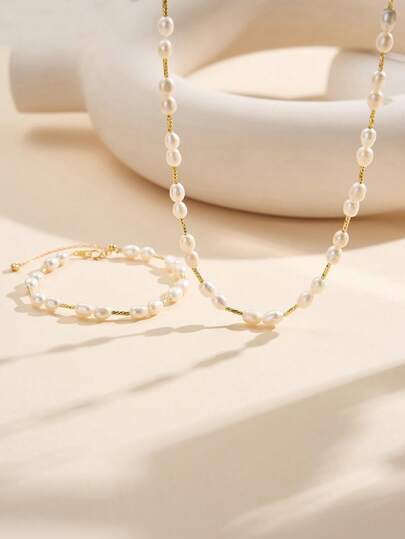 AETOLIA Set di gioielli in perle eleganti fatti a mano | Collana e bracciale in perle d'acqua dolce naturali da 5-6 mm | Placcato in argento 925 platino/oro 14K | Accessori per fidanzata, vacanze, matrimonio, appuntamenti