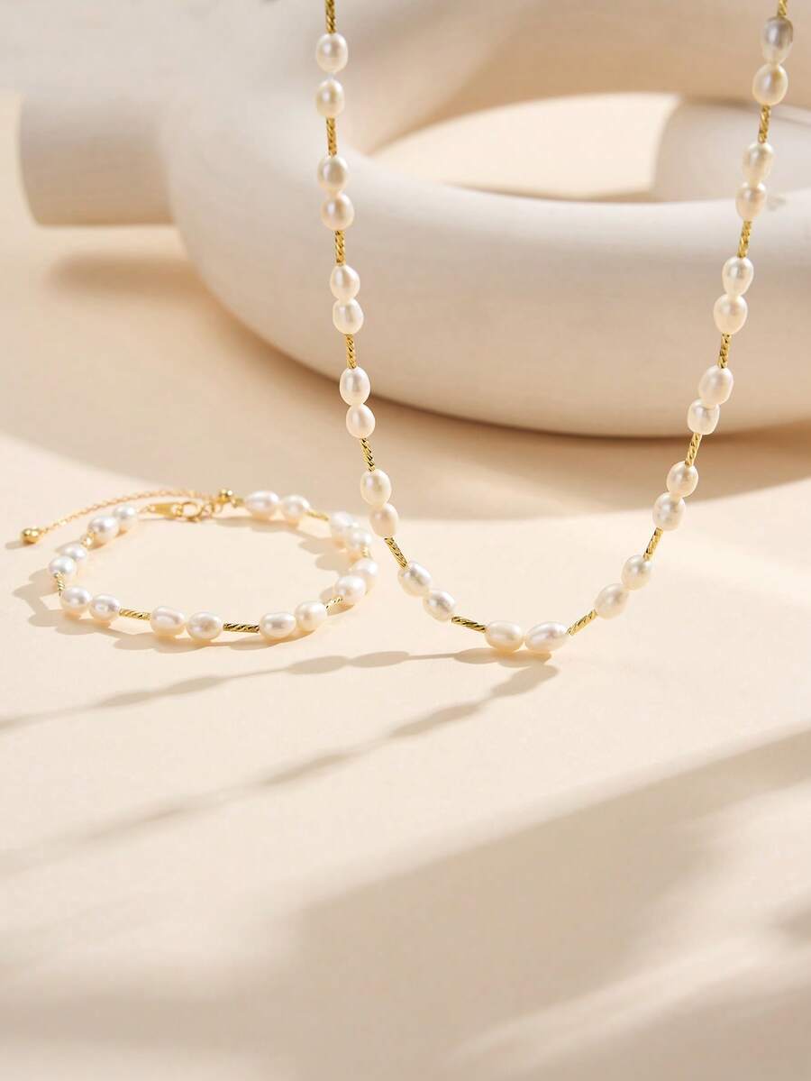 AETOLIA Handmade Elegant Pearl Jewelry Set | 5-6mm Natural Freshwater Pearl Necklace & Bracelet | S925 Silver Plated Platinum/14K Gold | Girlfriend, Holiday, Wedding, Date Accessories - Silver - View 1