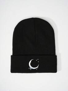 1pc Embroidered Moon Pattern Knit Beanie, Outdoor Cold-Proof Casual Versatile Winter Warm Hat Suitable For Daily Commute Accessories For Winter Mens Winter Clothing