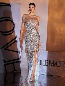 Women's Sexy Asymmetric Off Shoulder Gradient Sequin High Slit Party Evening Dress - Gold - View 6