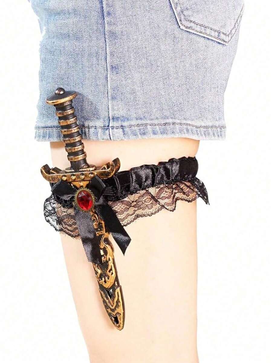 女士海盗剑配蕾丝蝴蝶结，海盗服装，玩具剑配大腿吊袜带，女士海盗装束，海盗配饰，角色扮演，高品质吊袜带，万圣节或其他特殊场合的理想海盗配饰，为您的双腿增添魅力和独特美感 - 彩色 - 查看 1