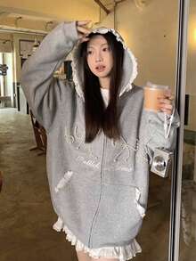 2024 Autumn Grey Lace Pearl Hooded Sweatshirt Jacket For Women, Loose Fit Flattering Design With Zipper