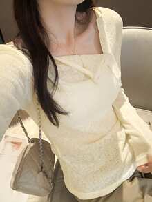 轻薄透气长袖T恤，女士新款秋季空调罩衫，休闲百搭 - 杏色 - 查看 2