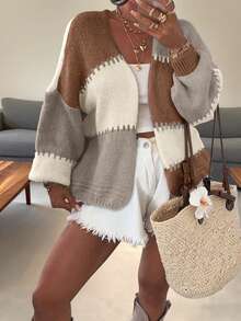 Women's Color-Block Top, V-Neck Long-Sleeved Sweater, Patchwork Color Blocks, Popular In Autumn And Winter, Versatile For All Occasions, Cardigan For Casual Street Wear, Women's Out-Going Tops, Women's Cardigan.