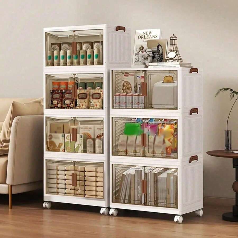 2/3/4/5 Layers Collapsible Storage Bins With Lids, Folding Storage Box For Home, Kitchen And Office,Stackable Closet Organizer With Wheels, With Doors Cube Storage Containers - trắng - Xem 1