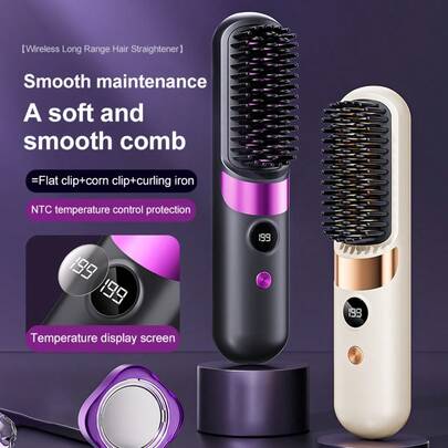 1个便携式无线直发梳，USB充电，4000mAh电池，4档温度控制，负离子技术持久亮泽，LED显示屏，轻巧便携，旅行必备