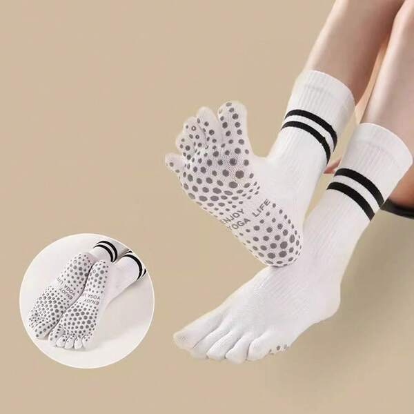 1 Pair Five Toe Yoga Socks, Professional Non-Slip, Mid-Calf, Indoor Sports Socks, Pilates Socks, Warm For Autumn/Winter, Floor Socks, Dance Socks