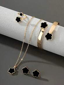 5pcs/Set Lucky Clover Design Necklace, Earrings, Bracelet And Ring - 黑色 - 查看 2