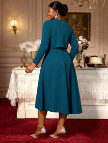 Plus Size 2 Pieces Dress Sets For Women Church Suits Tank A Line Midi Dress With Long Sleeve Jacket Wedding Party Outfits With Belt