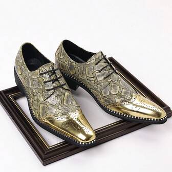 男士金色蛇皮图案正装鞋，闪亮雕花尖头系带正装鞋，适合舞台、宴会、主持，时尚英伦风格