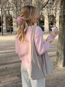 FOR BEAUTY Autumn/Winter Y2K Women's Pink Round Neck Long Sleeve Knit Hoodie, Loose Fit Sweet Fashion Street Date Commute Top Fall - Pink - View 8