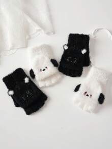 1 Pair Autumn/Winter Unisex Faux Fur Flip-Top Gloves, Cartoon Animal Design, Thick & Warm, Suitable For Riding, Writing, Half-Finger
