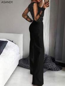 女士性感黑色亮片网纱连体裤，深V领