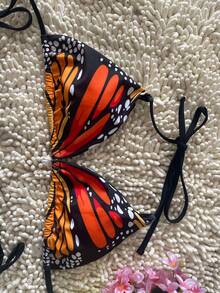 Women's Butterfly Print Bikini Set - Halter Neck & Side Tie Bottoms For Summer Beach Vacations - Multicolor - View 6