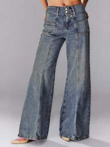 大码女式弹力牛仔面料设计开叉牛仔裤，休闲百搭双扣修身口袋水洗宽松阔腿喇叭牛仔裤，2025 年新款畅销百搭四季牛仔裤