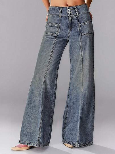 Plus Size Women's Elastic Denim Fabric Design Split Jeans, Casual Versatile 2-Button Slimming Pockets Washed Loose Wide Leg Flare Jeans, 2025 New Bestselling Versatile All-Season Denim Pants