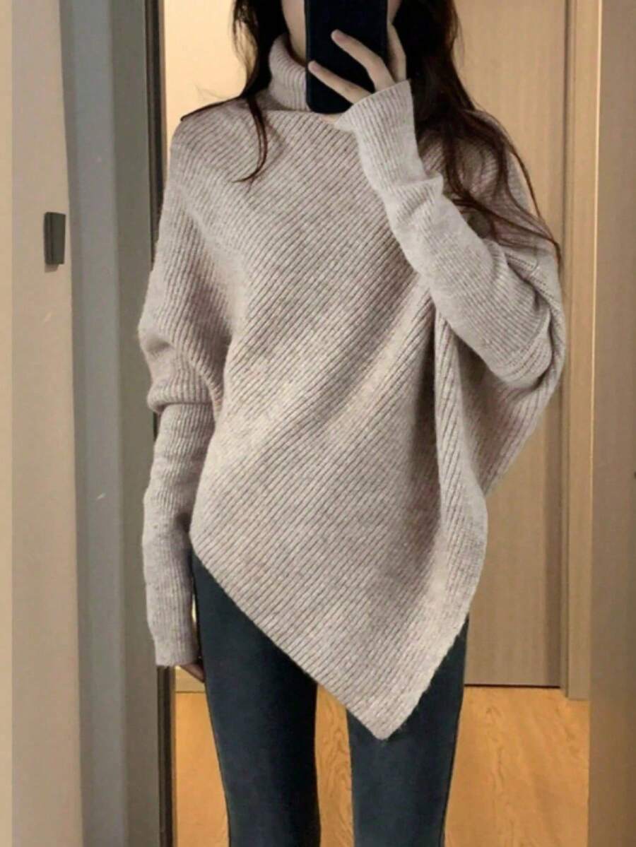 大码纯色休闲翻领宽松套头针织斗篷上衣 - 卡其色 - 查看 1