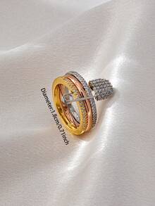 1 Pc Golden Color Cooper Zirconia Star Moon Design Ring Women Luxurious Crystal Ring Adjustable Free Size Band Rings Jewelry - 多色-2 - 查看 3