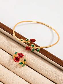 1 Set Of 2pcs Creative & Romantic Rose Flower Bracelet & Ring, Suitable As Valentine's Gift For Girlfriend - Multicolor - View 3