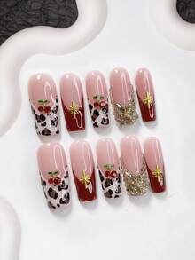 10pcs Handmade Leopard Print French Manicure Set, Autumn/Winter Press-On Nail Strips, Medium-Long Almond Shape Nail Stickers, Square Nails, Duck Billed Nails, Shiny Rhinestone False Nails, 3D Cherry, Hexagram, Star Nail Decorations, Includes Tool Kit, Suitable For Women And Girls, Party, Everyday Wear - Nhiều màu - Xem 10