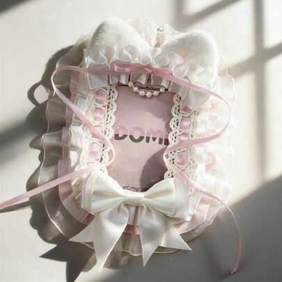 1 Stück süßer Spitzen-Fotokartenhalter, handgefertigt mit Schleifenband, flauschigen Katzenohren, mehrlagigem Tüll, geeignet für 2D Anime, Cartoon, Spielfiguren, Idol-Fanartikel, 3-Zoll Fotohalter